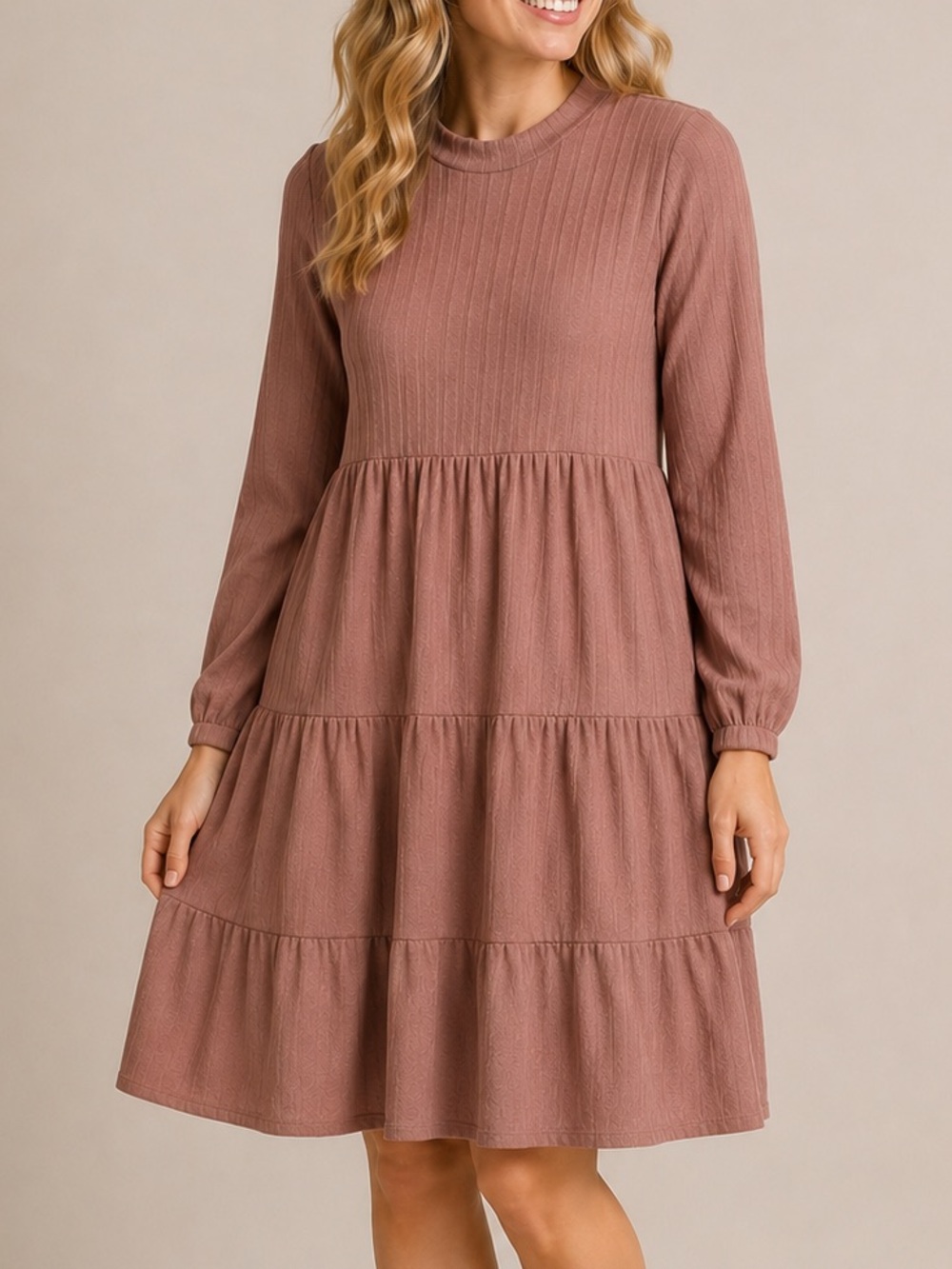 Veveret Ribbed Tiered Dress Taupe Long Sleeve Stretch Babydoll Large